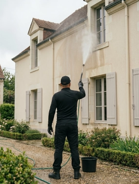 Artisan Eauxigen en nettoyage de façade au softwash sur une maison en pierre du Val de Loire, vu de dos, perche projetant un fin brouillard sur l'enduit, méthode douce basse pression sans abîmer le crépi