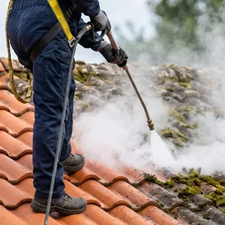 Démoussage d’une toiture en tuiles par Eauxigen, en sécurité lors du travail en hauteur