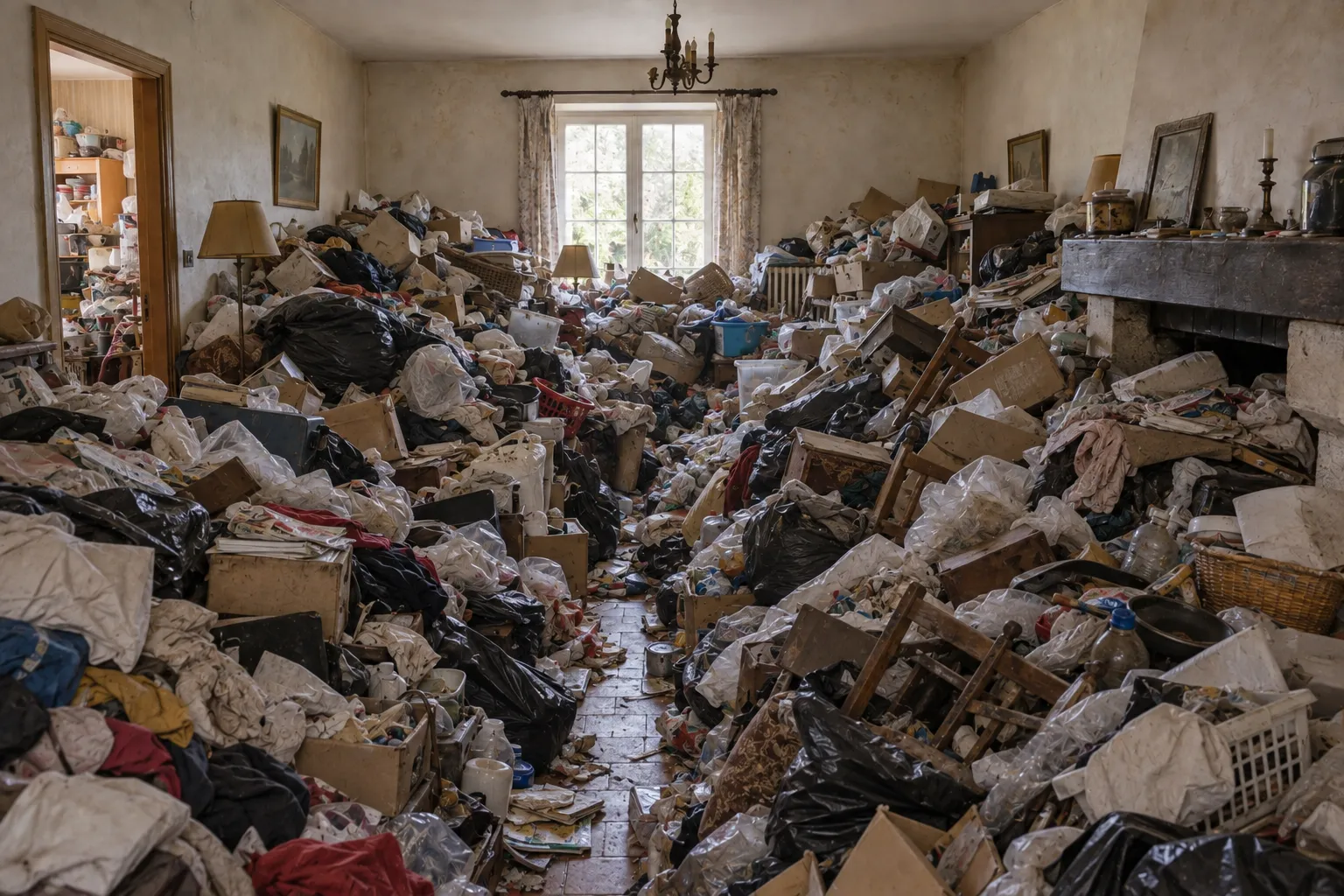Pièce très encombrée avant le débarras d’une maison à Blois